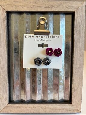 Pure Expressions Women’s Floral Stud Earring Set - Fuchsia & Gunmetal